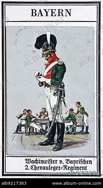 German Uniforms of the 19th century, Lines, Cavalry: Bavaria, Constable of the Bavarian 2nd Chevauleger (Light Cavalry) Regiment, Historical, digitally restored reproduction of a public domain collector's picture from the early 20th century.