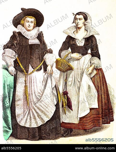 Munich illustrated broadsheet, costumes, Netherlands, early 17th century, bourgeois traditional costume, woman, apron, basket, portrait, coloured historical illustration 1890.