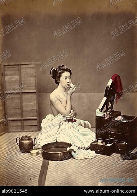 Japanese toilet; woman at morning toilet; personal hygiene; around 1870; Japan; Historic; digitally restored reproduction from an original of the period; Asia.