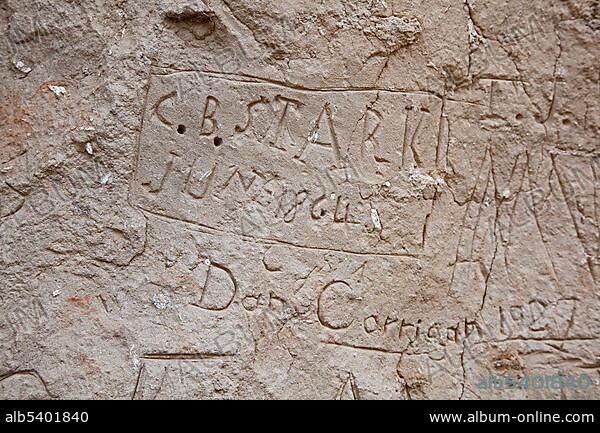 Register Cliff, where pioneers traveling west on the Oregon Trail between 1840 and 1869 carved their names into the sandstone cliff, Guernsey, Wyoming, USA, Europe.