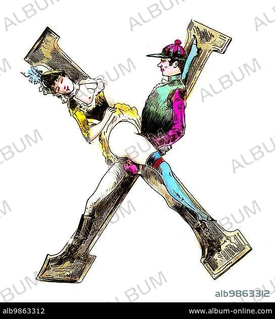 Letter X, The Erotic Alphabet, Sex, frivolous erotic illustrations from the Victorian era, c. 1850, England, Historical, digitally enhanced reproduction of a 19th century original.