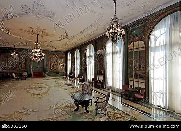 Garden room with Gobelins tapestries, Villa Huegel, former home of the Krupp family, Essen-Baldeney, North Rhine-Westphalia, Germany, Europe.