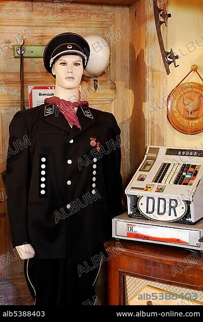 Female mannequin wearing a miners uniform with East German medallions, ostalgie tavern Zur Molle, Seebad Bansin, Usedom Island, Mecklenburg-Western Pomerania, Germany, Europe.