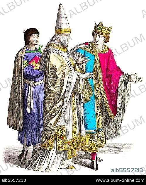 Munich picture sheet, costumes, 12th century, servant (left), Roman pope, Catholicism, king (right), robes, portrait, coloured historical illustration 1890.