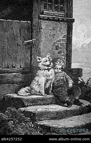 The guardian, dog is guarding the little boy who has fallen asleep on the stairs, 1880, woodcut, Germany, Europe.