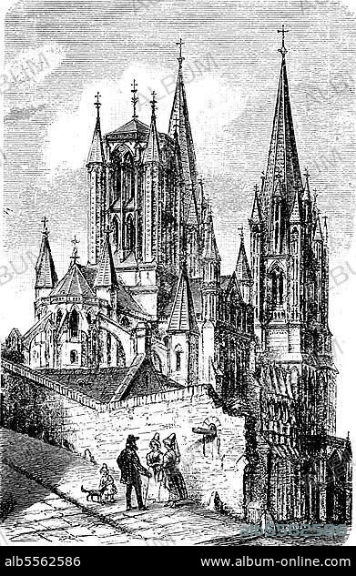 Die Kathedrale Notre-Dame de Coutances von Coutances, Normandie, Frankreich, im Jahre 1880, Historisch, digital restaurierte Reproduktion einer Originalvorlage aus dem 19. Jahrhundert.
