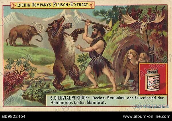 Diluvial period; people of the ice age; cave bear and mammoth; digitally restored reproduction of a public domain collector's picture from ca 1900; Liebig series of pictures of geological landscapes (1892).