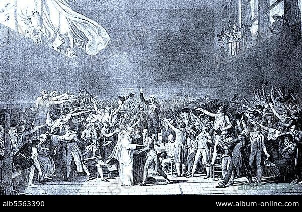 Der Eid im Ballsaal vom 20. Juni 1789, eine Verfassung gegeben, digitale verbesserte Datei eines Originaldrucks aus dem 19. Jahrhundert, Bailly verliest den Eid, den die Mitglieder des Dritten Standes der französischen Generalstände in Versailles geschworen haben, sich nicht zu zerstreuen, bevor sie Frankreich.