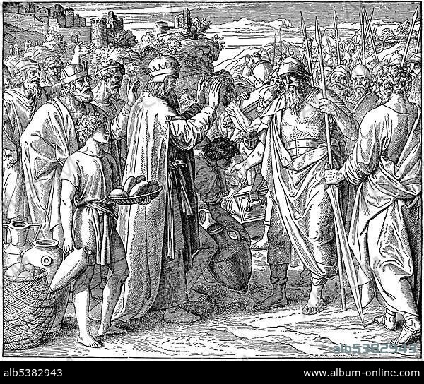 Woodcut, Melchizedek's Sacrifice, King of Salem, Genesis 14, 18, creation of the world, Old Testament, Catholic Picture-Bible.