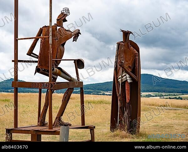 Path of Hope at the Point Alpha memorial site between Geisa in Thuringia and Rasdorf in Hesse, the former inner-German border. The art project of the Point Alpha Foundation ties in with the Christian Way of the Cross and with its 14 stations recalls the suffering of the people in the communist dictatorships of Central and Eastern Europe. Here Station 1 Arbitrariness, Jesus is sentenced to death, Geisa, Thuringia, Germany, Europe.