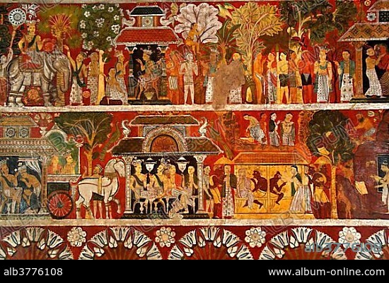 Theravada Buddhism, ancient wall paintings, various scenes, Mulgirigala temple, Mulkirigala, Ceylon, Sri Lanka, South Asia, Asia.