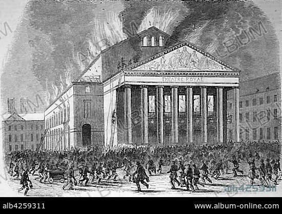 Brussels, the great fire of the theater on January 21, 1855, woodcut, Belgium, Europe.