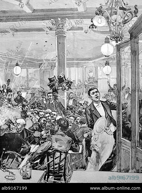 The assassination at Cafe Terminus, a popular café in the late 19th century near the Gare Saint-Lazare in Paris, France. It is known as the target of a bomb attack by the French anarchist Emile Henry on 12 February 1894, Historic, digitally restored reproduction of an original 19th century master, exact original date not known.