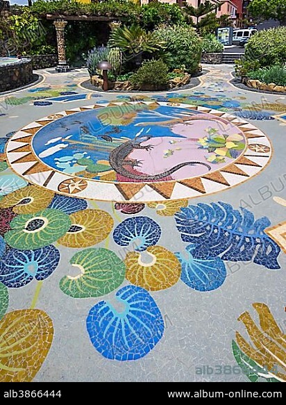 Floor mosaic, Plaza La Glorieta, designed by Luis Morera, Las Manchas, La Palma, Canary Islands, Spain, Europe.