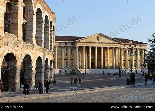 Verona Arena, Piazza Bra square, Palazzo Barbieri, Town Hall, Lake Garda, Italy, Europe.
