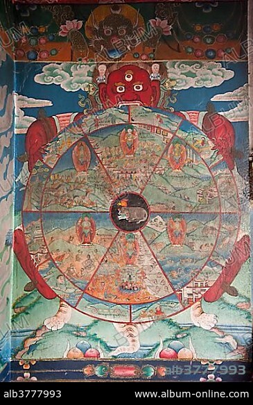 Tibetan Buddhims, Bon Sect, God Yama holding the Wheel of Life, Yung Drung Kundrak Lingbon Monastery near Ravangla, Sikkim, Himalayas, India, South Asia, Asia.