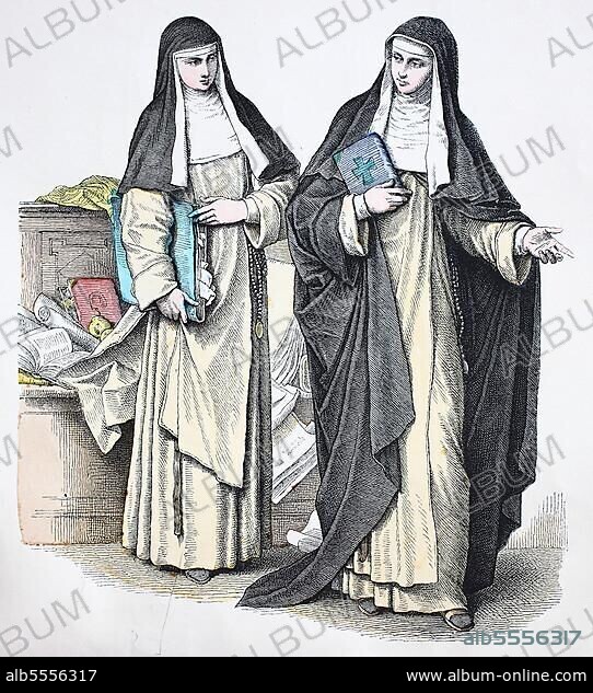 Folk traditional costume, clothing, history of costumes, female religious habit of the Dominican nuns, 1790, Dominican Order, digitally restored reproduction of a 19th century original, exact date unknown.