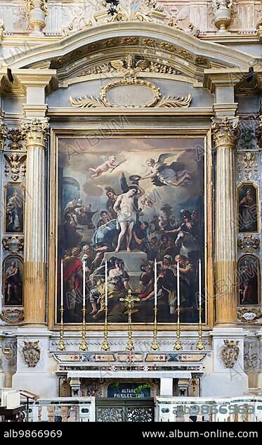 Altar of San Sebastiano, Saint Sebastian, painting by Giovanni Andrea Coppola, 1597- 1659, left aisle, Cathedral of Sant? Agatha, Baroque, Old Town, Gallipoli, Province of Lecce, Gulf of Taranto, Puglia, Italy, Europe.