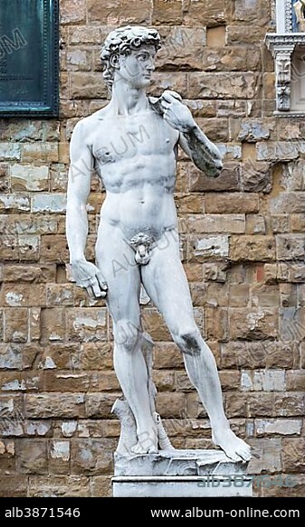 Marble statue David by Michelangelo in front of Palazzo Vecchio, Piazza della Signoria, Florence, Italy, Europe.