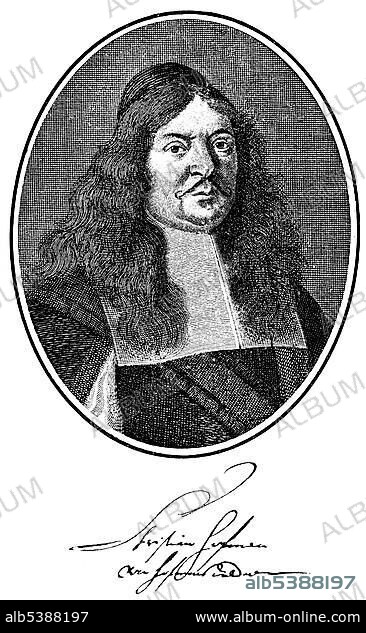 Historic print, 1670, portrait of Christian Hoffmann von Hoffmannswaldau also known as Hofmann von Hofmannswaldau, 1616 - 1679, a Silesian poet and epigrammist, from Bildatlas zur Geschichte der Deutschen Nationalliteratur, an illustrated atlas by Gustav Koennecke, 1887.
