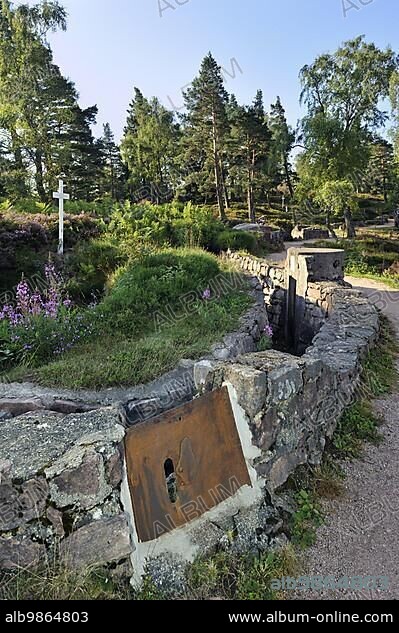 Loophole from German trench at the First World War battlefield Le Linge at Orbey, Alsace, France, Europe.