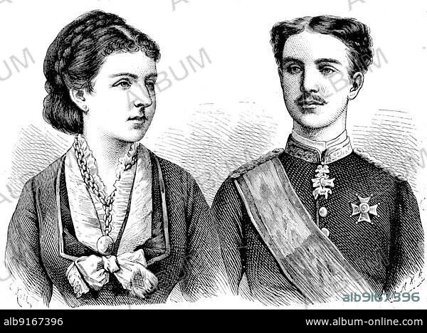 Maria de las Mercedes de Orleans y Borbon, 1860, 1878 and Alfonso XII 1857, 1885, Alfonso Francisco de AsÝs Fernando PÝo Juan MarÝa de la Concepcion Gregorio Pelayo de Borbon y Borbon. Queen and King of Spain, Historic, digitally restored reproduction of a 19th century original, exact original date not known.