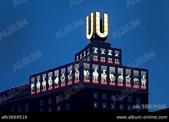 Dortmund U-Tower or Dortmunder U with video installation, former Dortmunder Union Brewery, art and cultural centre, Dortmund, Ruhr Area, North Rhine-Westphalia, Germany, Europe.