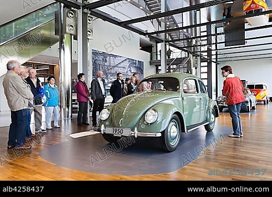 Volkswagen Beetle from 1950 in the automotive exhibition at the ZeitHaus, Autostadt of the Volkswagen AG, Wolfsburg, Lower Saxony, Germany, Europe.