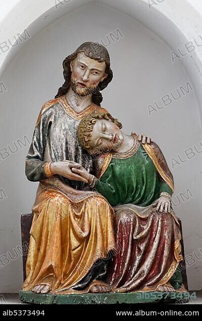 Carved "Johannesminne" dated 1310, in Heiligkreuztal Cathedral, Riedlingen, Upper Swabia, Baden-Wuerttemberg, Germany, Europe.