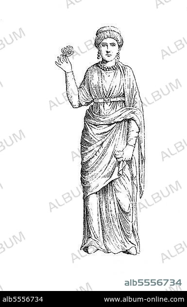 Aelia Galla Placidia war eine Tochter des römischen Kaisers Theodosius I. Enkelin von Valentinian I. Mutter des späteren Kaisers Valentinian III. und als solche einige Jahre lang faktische Regentin des Weströmischen Reiches, traegt spaetroemische Tracht, 5. Jahrhundert, Historisch, digitale Reproduktion einer Originalvorlage aus dem 19. Jahrhundert.