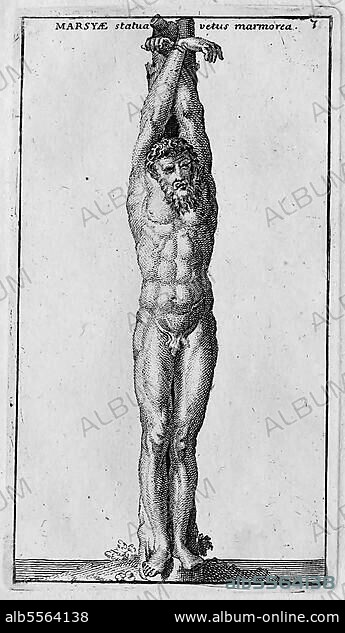 Der geschundene Marsyas, ursprünglich Gott des gleichnamigen Flusses, der bei Kelainai entspringt, eine im Altertum blühende Stadt im südlichen Phrygien, historisches Rom, Italien, digitale Reproduktion einer Originalvorlage aus dem 18. Jahrhundert, Originaldatum nicht bekannt.