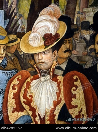 Diego Rivera. Mexican school . Diego's Dream or Dream of a Sunday Afternoon in Alameda Central (Sueno de una tarde dominical en la almeda central). Detail: Carmen Romero Rubio de Diaz, second wife Porfirio Diaz.. Fresco (4 x 15 m.). Museo Mural Diego Rivera, Mexico . Diego Rivera (Guanajuato, 1886 - San Angel, 1957).. Porfirio Diaz (1830-1915), Mexican politician and serviceman.. Carmen Romero Rubio de Diaz (1864-1944).. . The fresco decorated the main hall of the former Hotel de Prado, situated near the town's main park.. These photographic works are protected by legislation concerning literary and artistic property in all countries. Royalties are handled by ADAGP. To publish or diffuse these photographs, you must imperatively obtain the authorization of ADAGP or its correspondents abroad and to pay corresponding royalties. If you download this image in high definition, your postal address, telephone number and e-mail address will automatically be forwarded to ADAGP.. ADAGP - 11,rue Berryer - Paris. Tel. : (33) 1 43 59 09 79. Fax : (33) 1 45 63 44 89. E-mail : adagp@adagp.fr. Web : http://www.adagp.fr.
