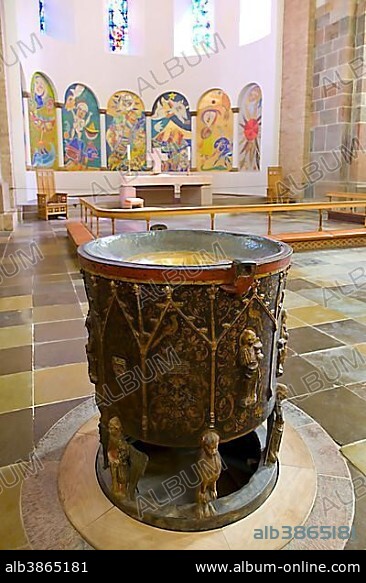 The baptismal font in Ribe Domkirke, Ribe Cathedral, Ribe, Jutland, Denmark, Europe.