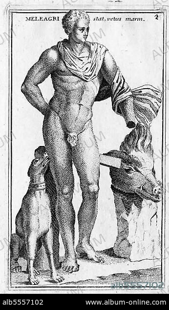 Meleagros, in der griechischen Mythologie der Sohn von Althaia und Oineus, mit Jagdhund und Kopf eines Ebers, historisches Rom, Italien, digitale Reproduktion einer Originalvorlage aus dem 18. Jahrhundert, Originaldatum nicht bekannt.