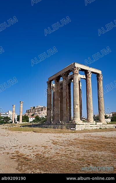 Athens Greece.The Temple of Olympian Zeus. The Acropolis and the Partrhenon in the background.