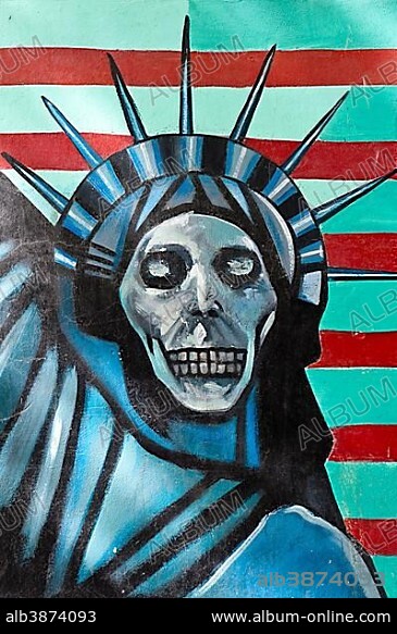 Graffiti on a wall, symbol, Statue of Liberty with a skull face, former Embassy of the United States of America in Tehran, Iran, Asia.