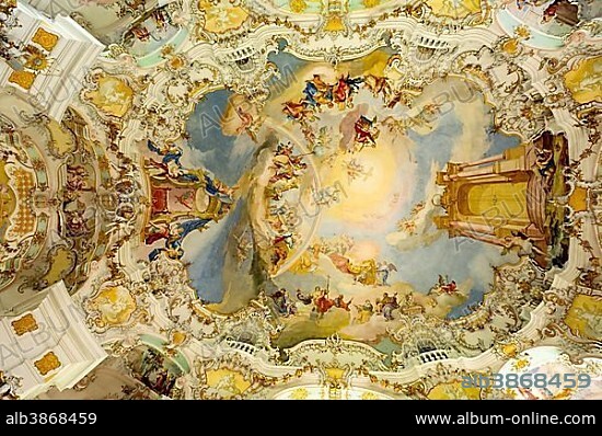 Fresco on the domed ceiling by Johann Baptist Zimmermann, Wieskirche, Steingaden, Pfaffenwinkel, Upper Bavaria, Bavaria, Germany, Europe.