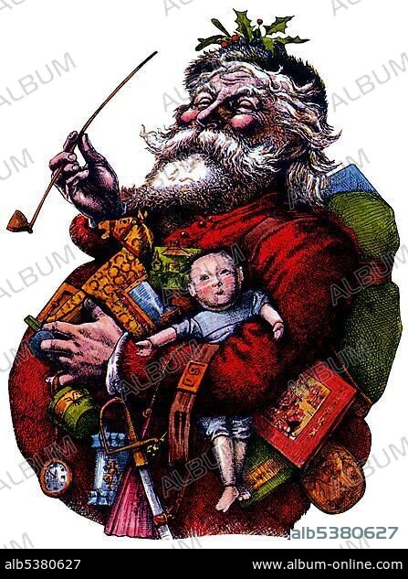 Santa Claus with pipe and toys, historical illustration.