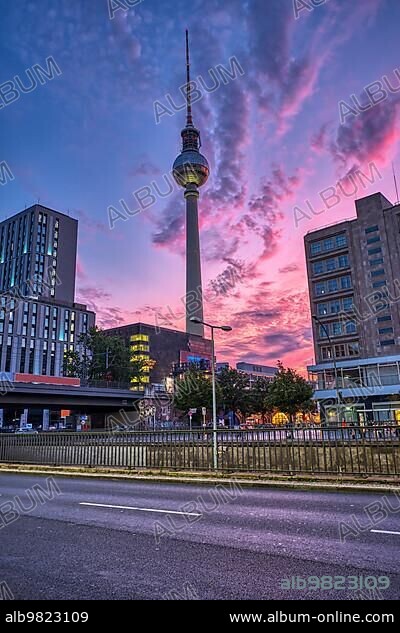 The famous TV Tower in Berlin at sunset.