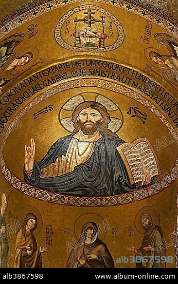 Christ Pantocrator, mosaic, Cappella Palatina, Palatine Chapel, Palazzo dei Norman or Norman Palace, Palermo, Sicily, Italy, Europe.