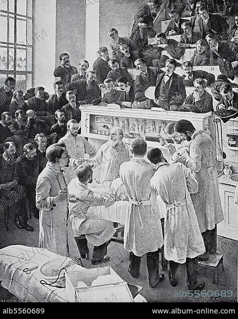 Hörsaal für Unterricht im Wiener Krankenhaus, 1890, Chirurg Christian Albert Theodor Billroth, 26. April 1829, 6. Februar 1894, unterrichtet Studenten, Historisch, digital restaurierte Reproduktion einer Originalvorlage aus dem 19. Jahrhundert.