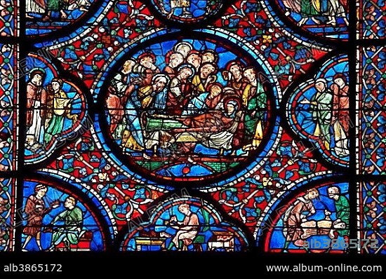 Medieval stained glass of the Gothic Cathedral of Chartres, ca. 1235, UNESCO World Heritage Site, Chartres, France, Europe.