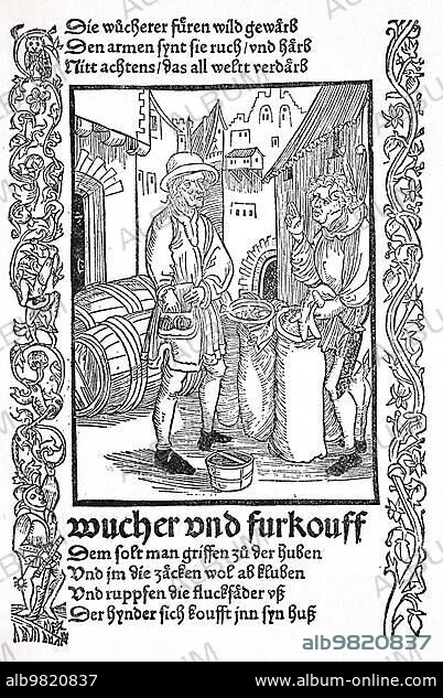 The Ship of Fools by Sebastian Brant; 1494; late medieval moral satire. Usury and price gouging; two men conclude a trading deal at inflated prices; Historical; digitally restored reproduction from a 19th century original.