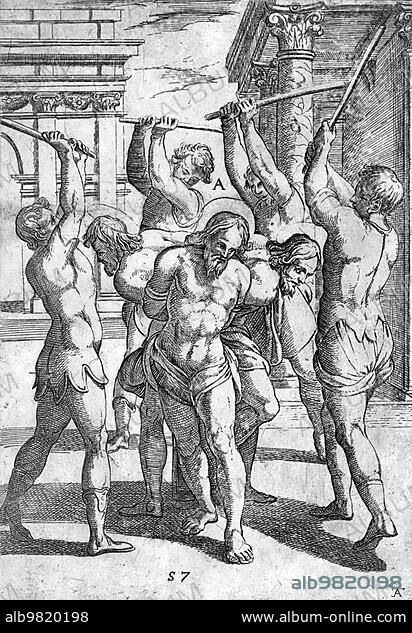 Torture; The beating of three saints with their backs tied together; ca 1600; Italy; Historic; digitally restored reproduction from a 19th century original; Europe.