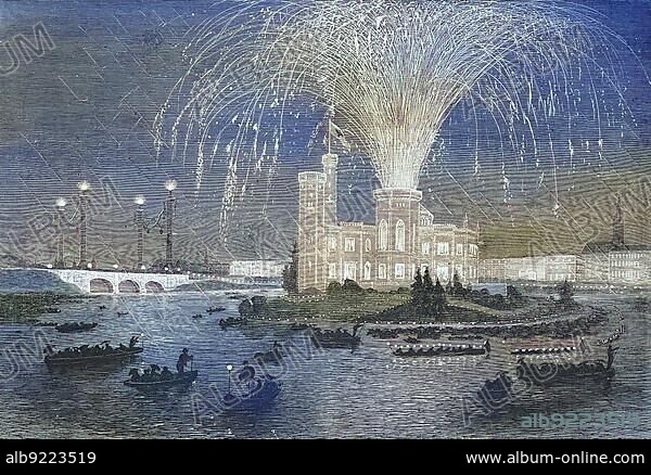 Illumination and fireworks in Hamburg on the Alster in honour of the King of Prussia, 1869, Germany, Historic, digitally restored reproduction of an original 19th century artwork, exact original date unknown, Europe.