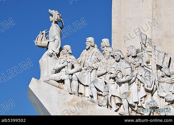 Monument to the Discoveries, Padrao dos Descobrimentos, with great people of the Portuguese seafaring history, on the estuary of the Tagus river, Belem, Lisbon, Portugal, Europe.