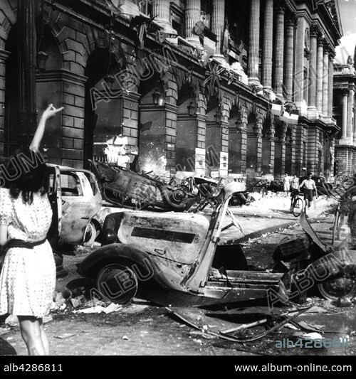 Scene of destruction in front of the Hotel de Crillon, Place de la Concorde in Paris (August 1944). Liberation of France. World War II. Private Collection.