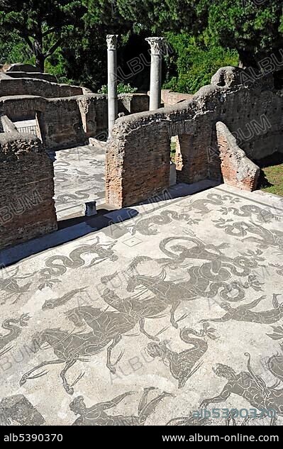 Mosaics in the ruins of the Terme di Nettuno, Baths of Neptune, Ostia Antica archaeological site, ancient port city of Rome, Lazio, Italy, Europe.