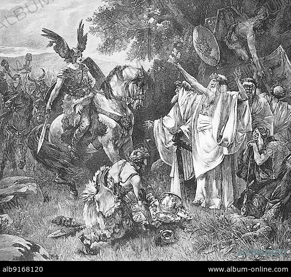 Arminius, Hermann the Cheruscan hands over the captured Roman silver treasure to the priesthood at the gallows hill, ca 16 AD. Historic, digitally restored reproduction of a 19th century original.