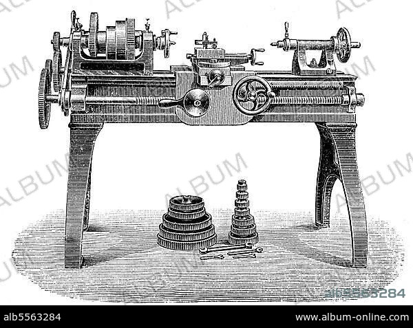 Abbildung einer Drehmaschine für Gewindebohrer von J. E. Reinecker aus Chemnitz-Gablenz, Deutschland, 1885, Historisch, digital restaurierte Reproduktion einer Originalvorlage aus dem 19. Jahrhundert, genaues Originaldatum nicht bekannt.